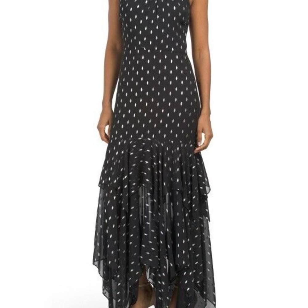 Betsy & Adam Dress Black and Silver Clip-Dot Gown Handkerchief Women's Size 10